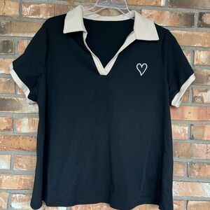 Shein Curve Black & Cream Polo Short Sleeve Shirt With  Heart Embroidery Size 3X